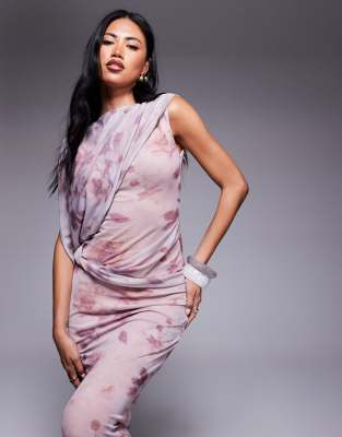 Asos Design Printed Mesh Draped One Shoulder Midi Dress In Pink