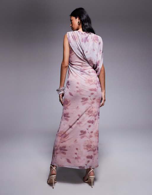 ASOS DESIGN printed mesh draped one shoulder midi dress in blurred floral print, 4 of 4