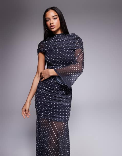 ASOS DESIGN printed mesh draped shoulder asymmetrical cape maxi dress in navy spot - view 1