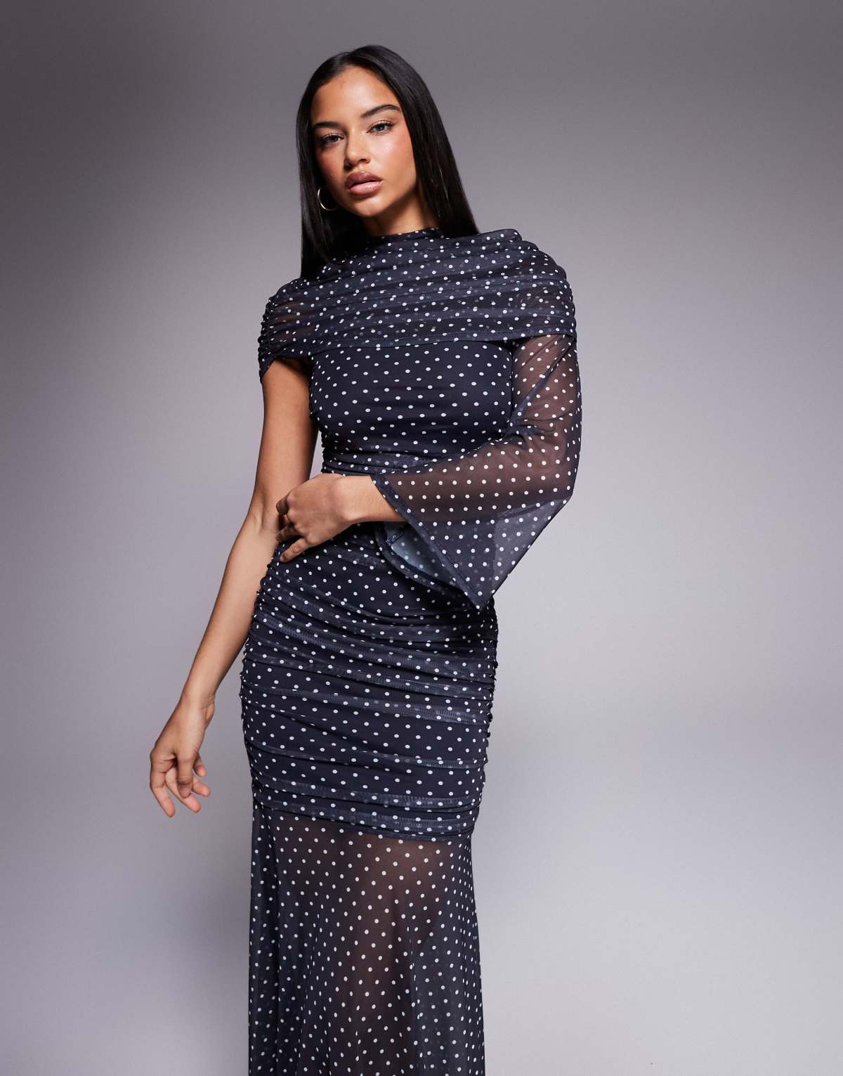 ASOS DESIGN printed mesh draped shoulder asymmetrical cape maxi dress in navy spot