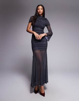 Asos Design Printed Mesh Draped Shoulder Asymmetrical Cape Maxi Dress In Blue