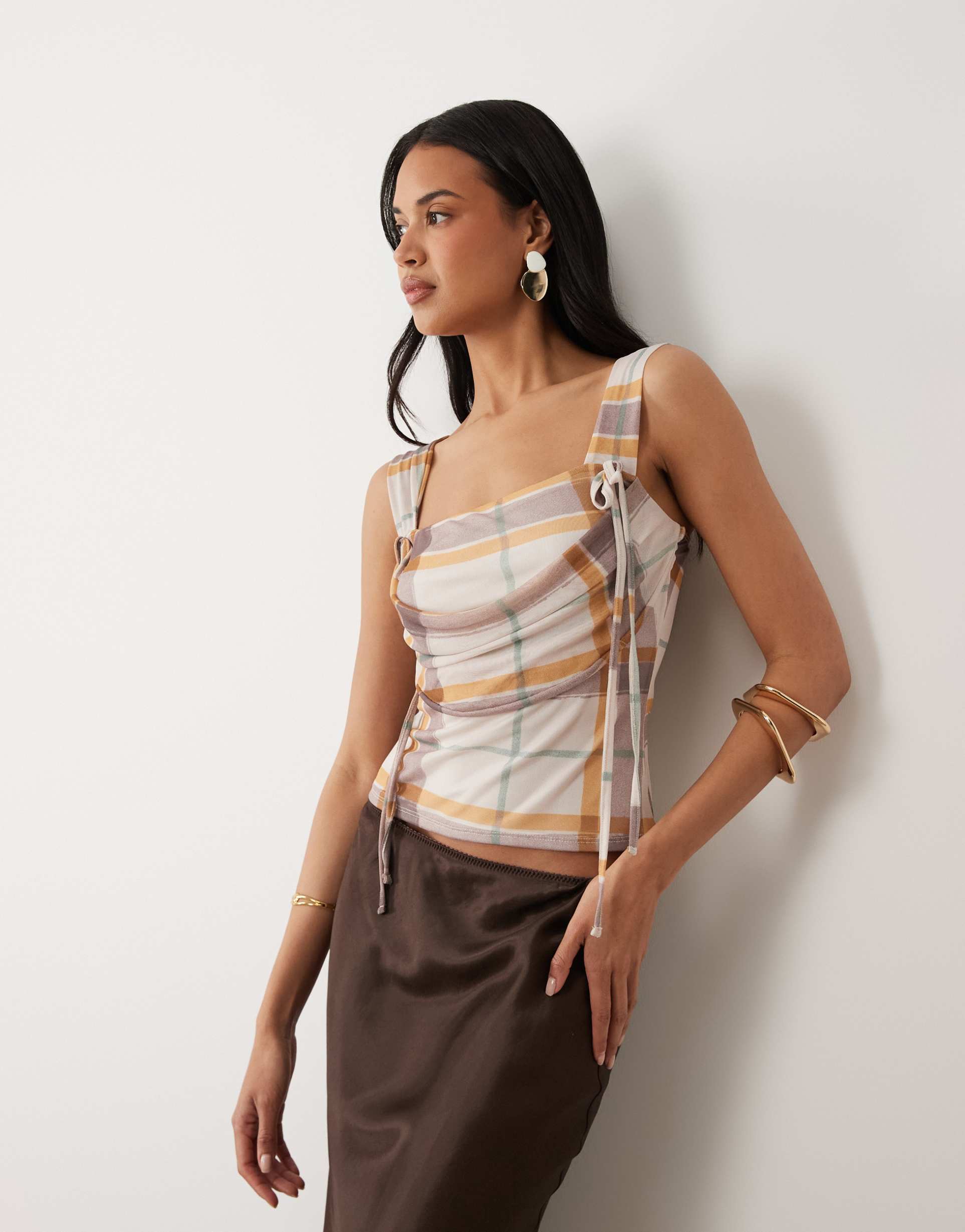 asos design printed mesh draped square neck top in plaid print