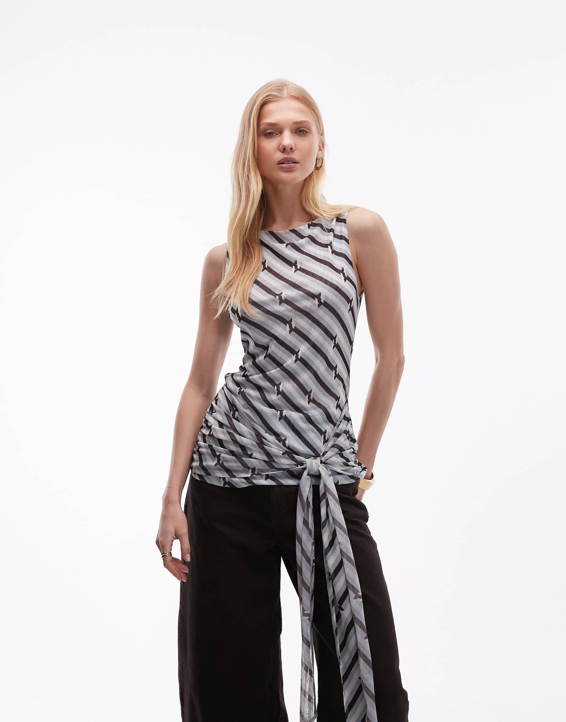 asos design printed mesh draped tie top in stripe