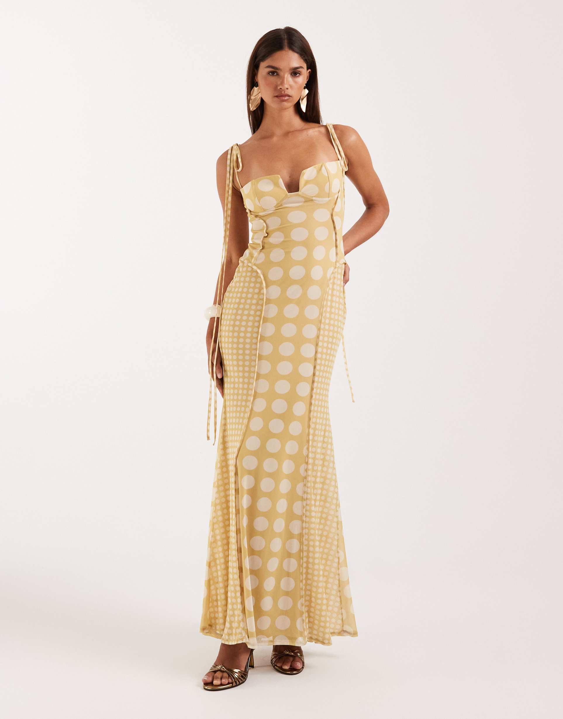 asos design printed mesh exposed seam sculpted cupped maxi dress in polka dot