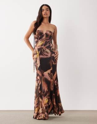 Asos Design Printed Mesh Exposed Seam Sculpted Cupped Maxi Dress In Multi
