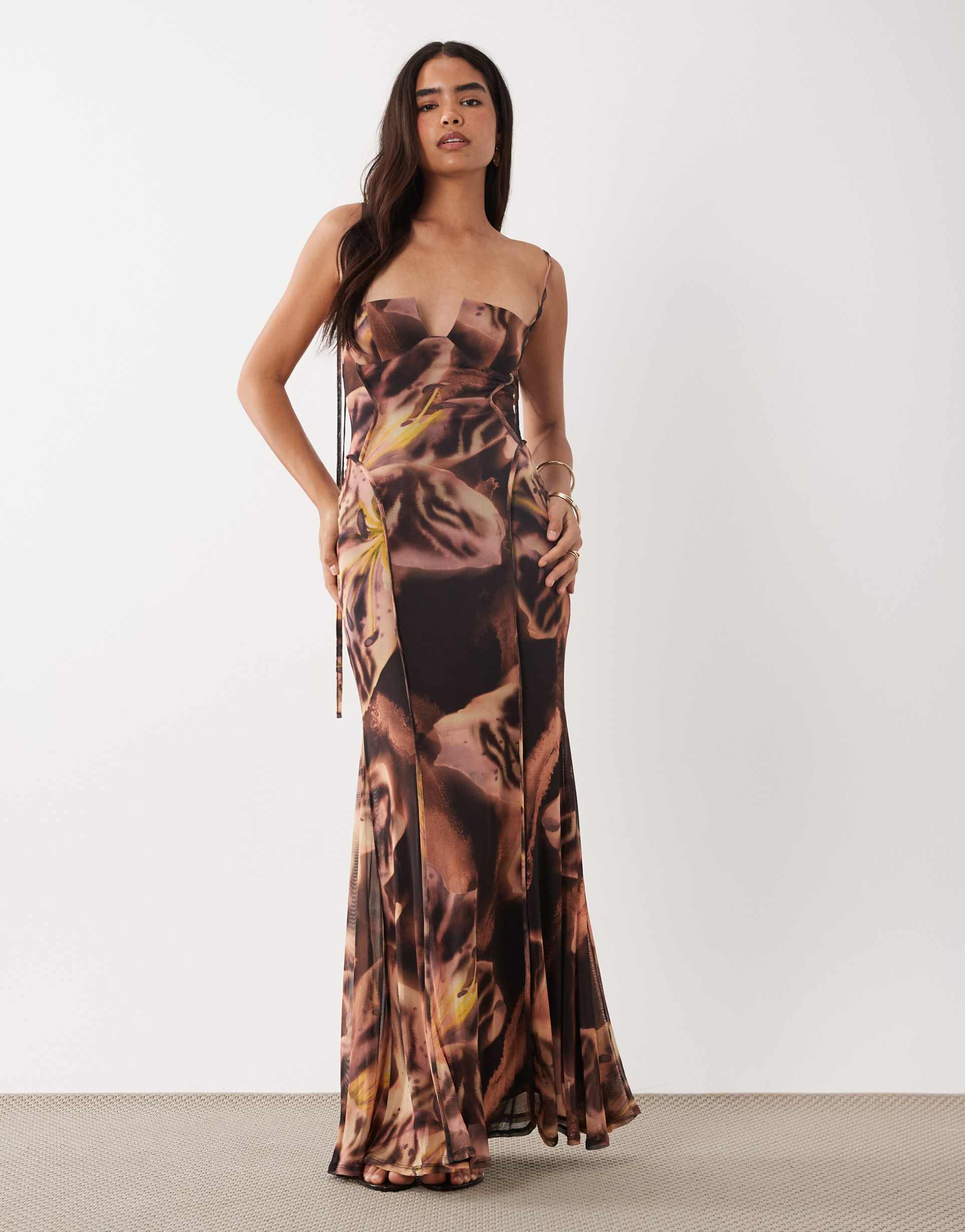 asos design printed mesh exposed seam sculpted cupped maxi dress in purple floral