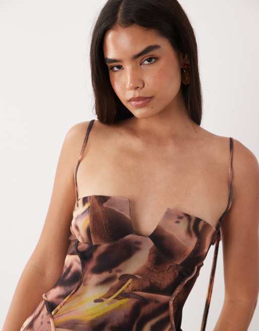 ASOS DESIGN  printed mesh exposed seam sculpted cupped maxi dress in purple floral, 3 of 4