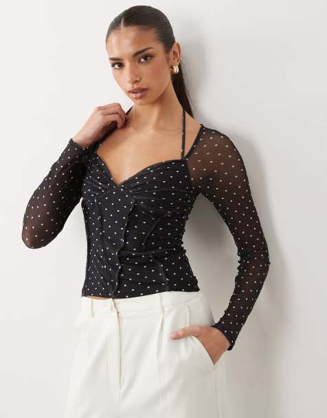 ASOS DESIGN printed mesh exposed seams long sleeve top in polka dots - view 1