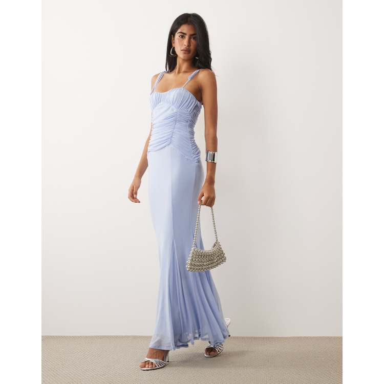 blue fishtail dress Norma Kamali Deep V Neck Shirred Fishtail Gown