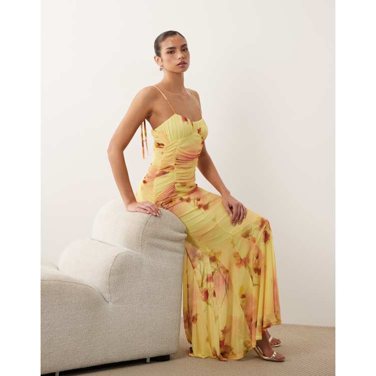 asos yellow dress EDITION embellished shard sequin layered cami maxi in pastel The ASOS DESIGN mesh deep plunge long sleeve maxi dress with twist knot detail in lemon is an elegant choice for any evening occasion ASOS Design - Printed Mesh