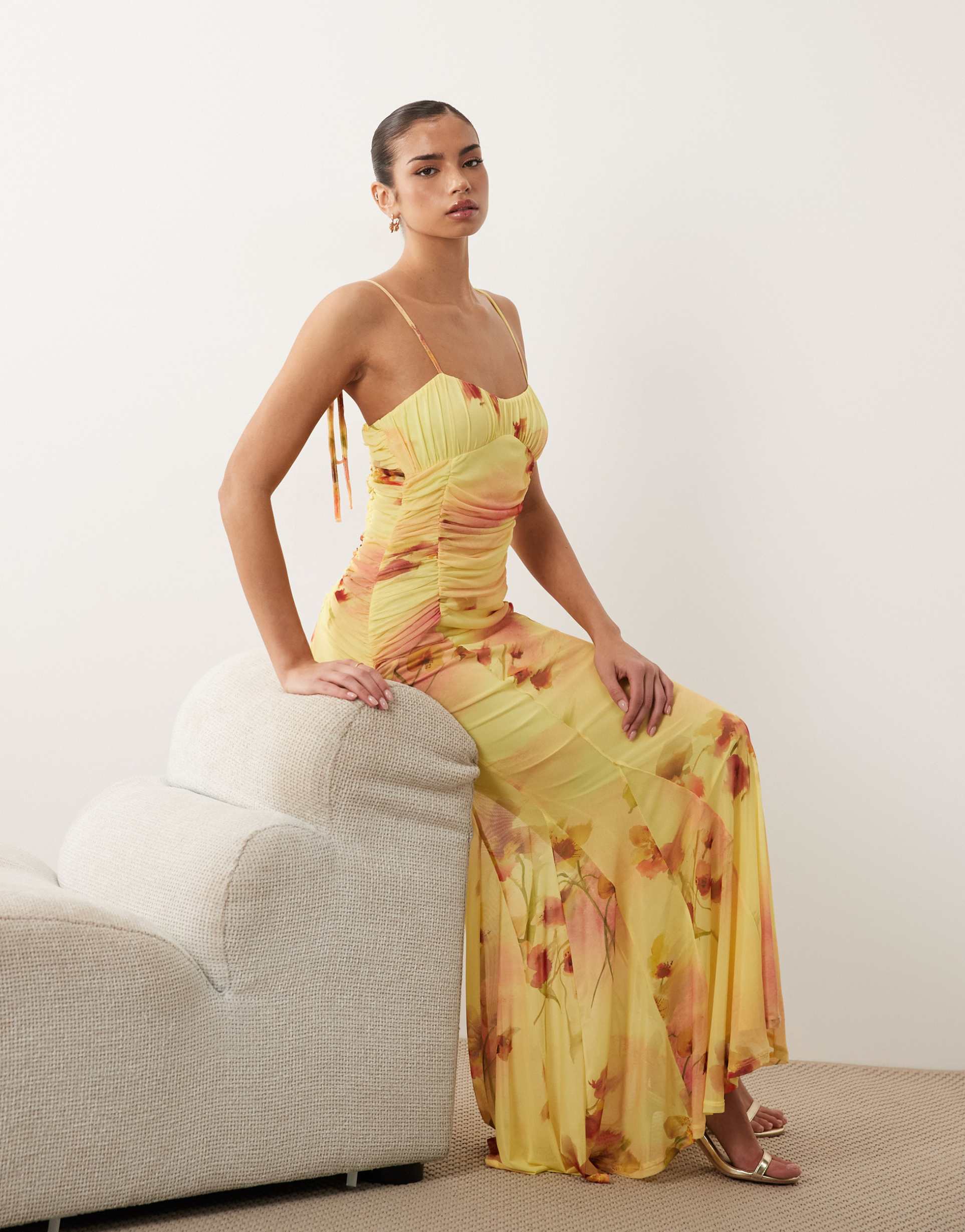 asos design printed mesh fishtail dress with contrast bust insert in yellow floral