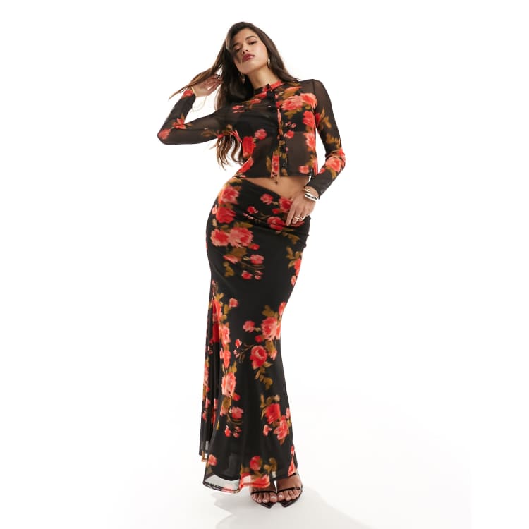 ASOS DESIGN printed mesh fishtail maxi skirt in floral co ord ASOS