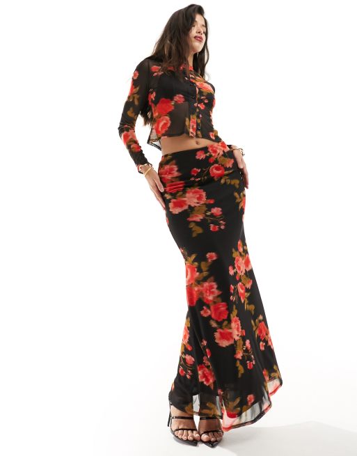 ASOS DESIGN printed mesh fishtail maxi skirt in floral (part of a set), 3 of 5