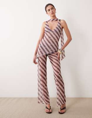 Asos Design Printed Mesh Flared Pants - Part Of A Set-multi In Brown
