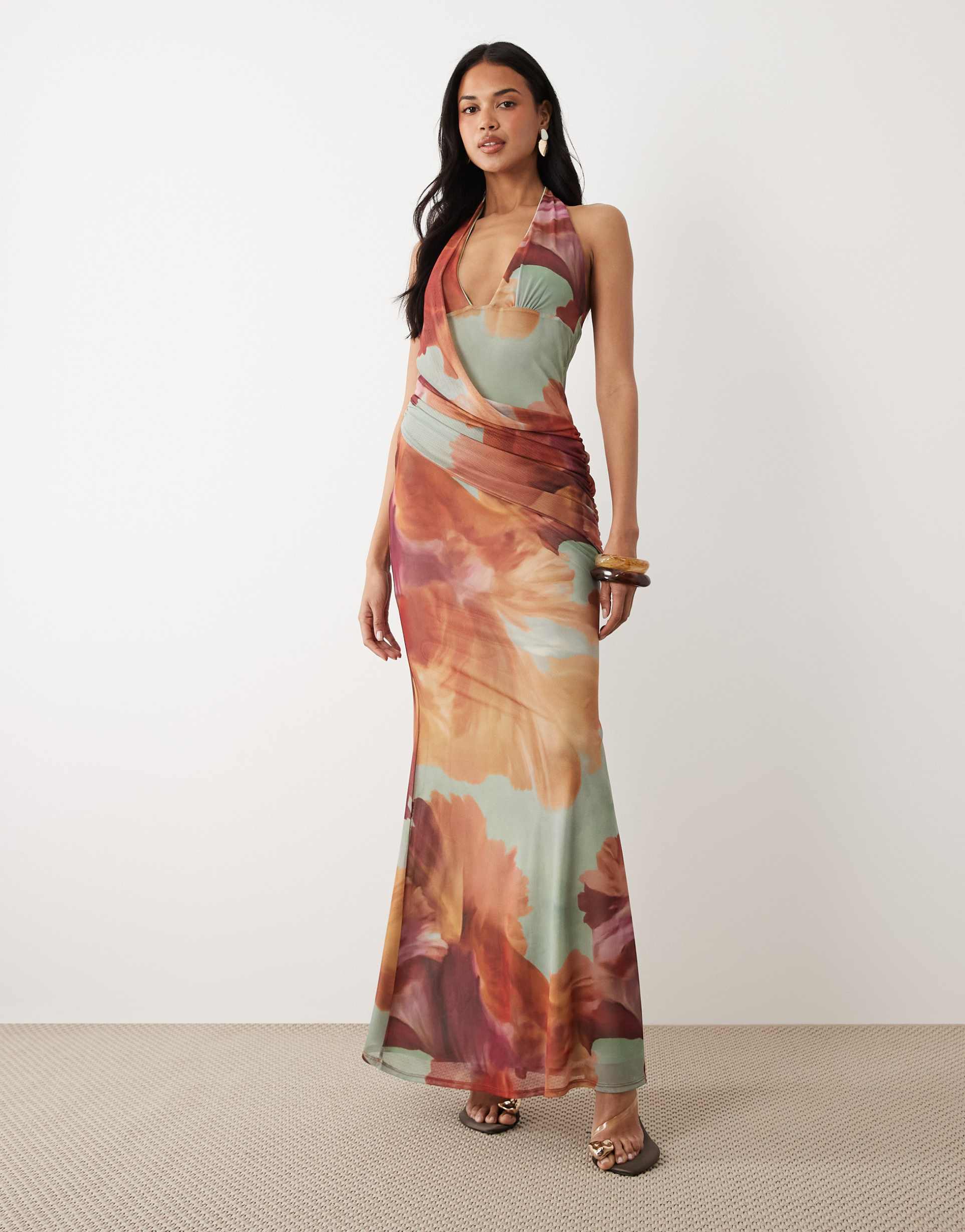 asos design printed mesh floral halter maxi dress with draped sash detail in sage green
