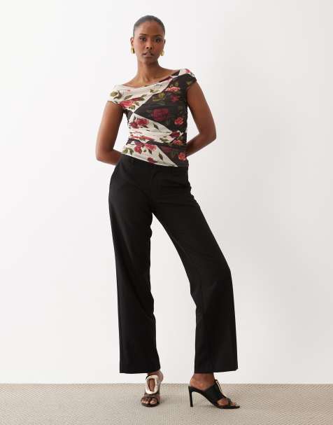 ASOS DESIGN printed mesh gathered short sleeve off shoulder top in patchwork floral - view 1