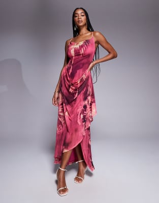 Asos Design Printed Mesh Halter Drape Maxi Dress In Pink