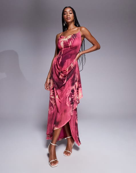 ASOS DESIGN printed mesh halter drape maxi dress in abstract print - view 1