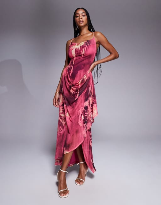 ASOS DESIGN printed mesh halter drape maxi dress in abstract print