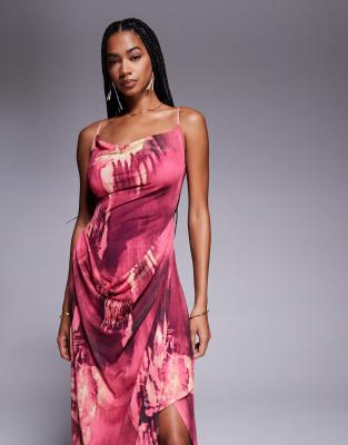 Asos Design Printed Mesh Halter Drape Maxi Dress In Pink