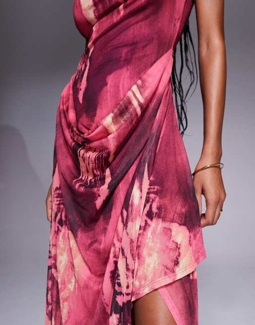 ASOS DESIGN printed mesh halter drape maxi dress in abstract print