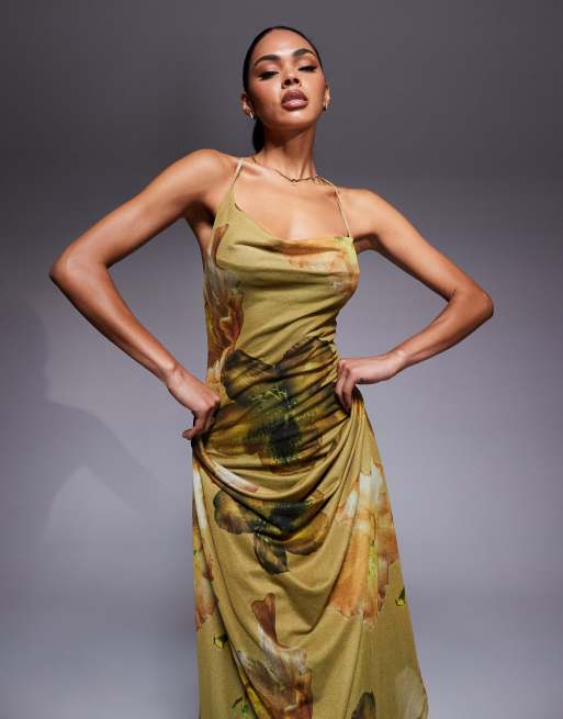 ASOS DESIGN printed mesh halter drape maxi dress in green floral print