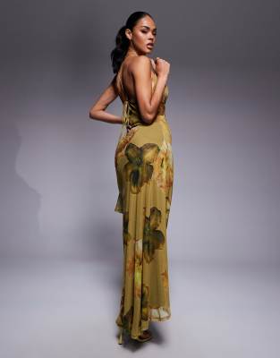 ASOS DESIGN printed mesh halter drape maxi dress in green floral print |  ASOS