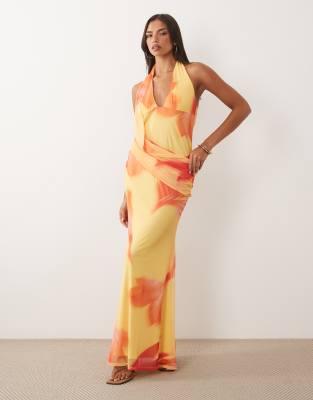 Asos Design Printed Mesh Halter Maxi Dress With Draped Sash Detail In Multi