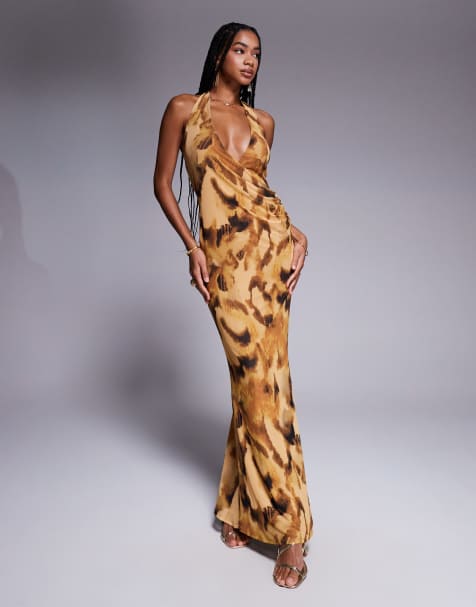 ASOS DESIGN printed mesh halter neck maxi dress in texture print - view 1