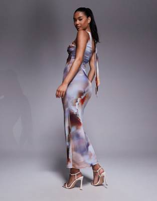 Asos Design Printed Mesh Halterneck Maxi Dress In Multi