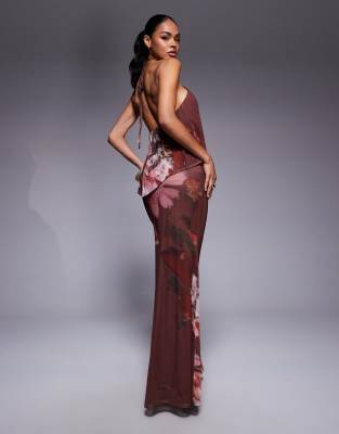 Asos Design Printed Mesh Halterneck Maxi Dress With Sheer Overlay In Multi