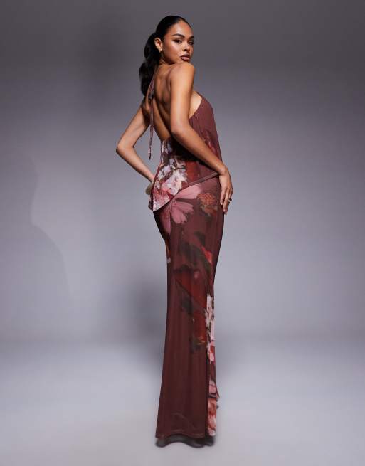ASOS DESIGN printed mesh halterneck maxi dress with sheer overlay in floral print