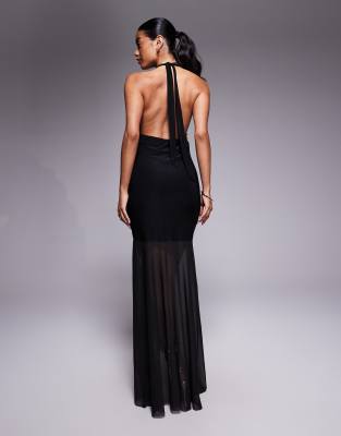 Asos Design Printed Mesh High Halterneck Maxi Dress With Sheer Skirt In Multi