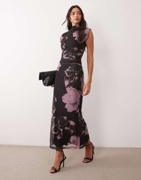 ASOS DESIGN printed mesh high neck detail maxi dress with shoulder pads in purple floral - view 1