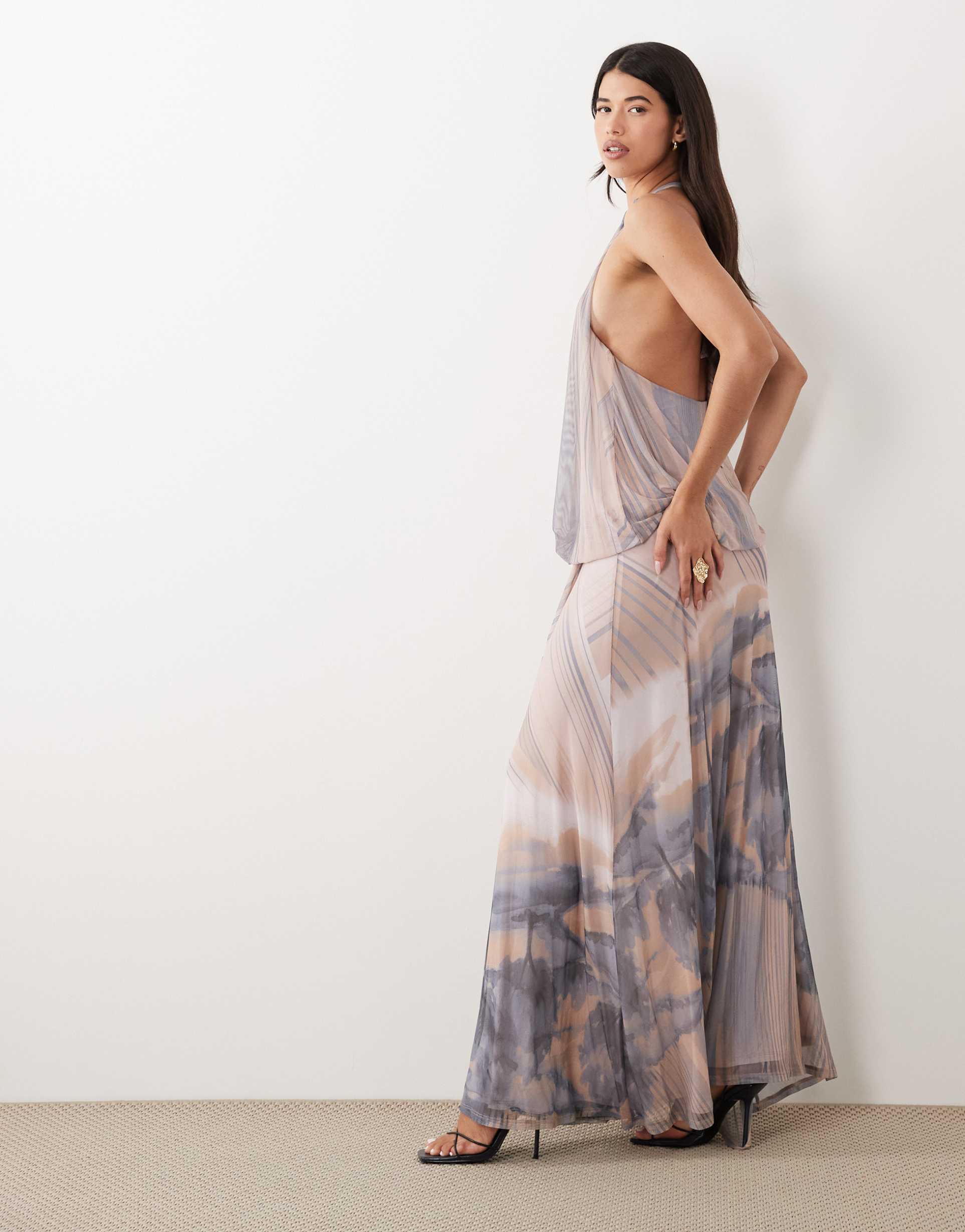 asos design printed mesh high neck draped maxi dress in blue