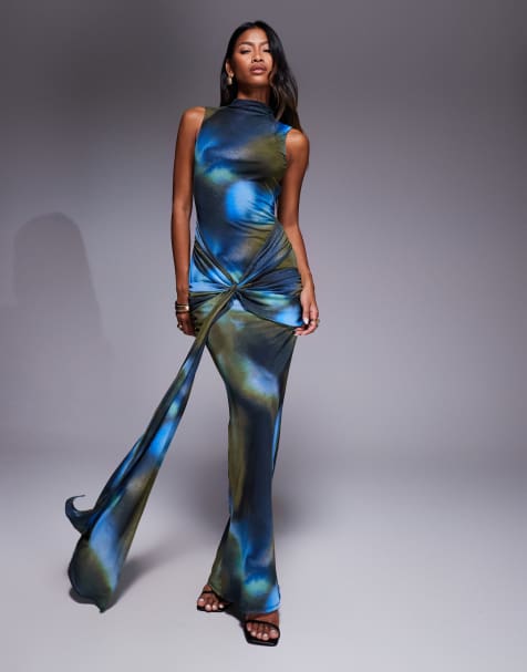 ASOS DESIGN printed mesh high neck draped maxi dress with sash in blurred print - view 1
