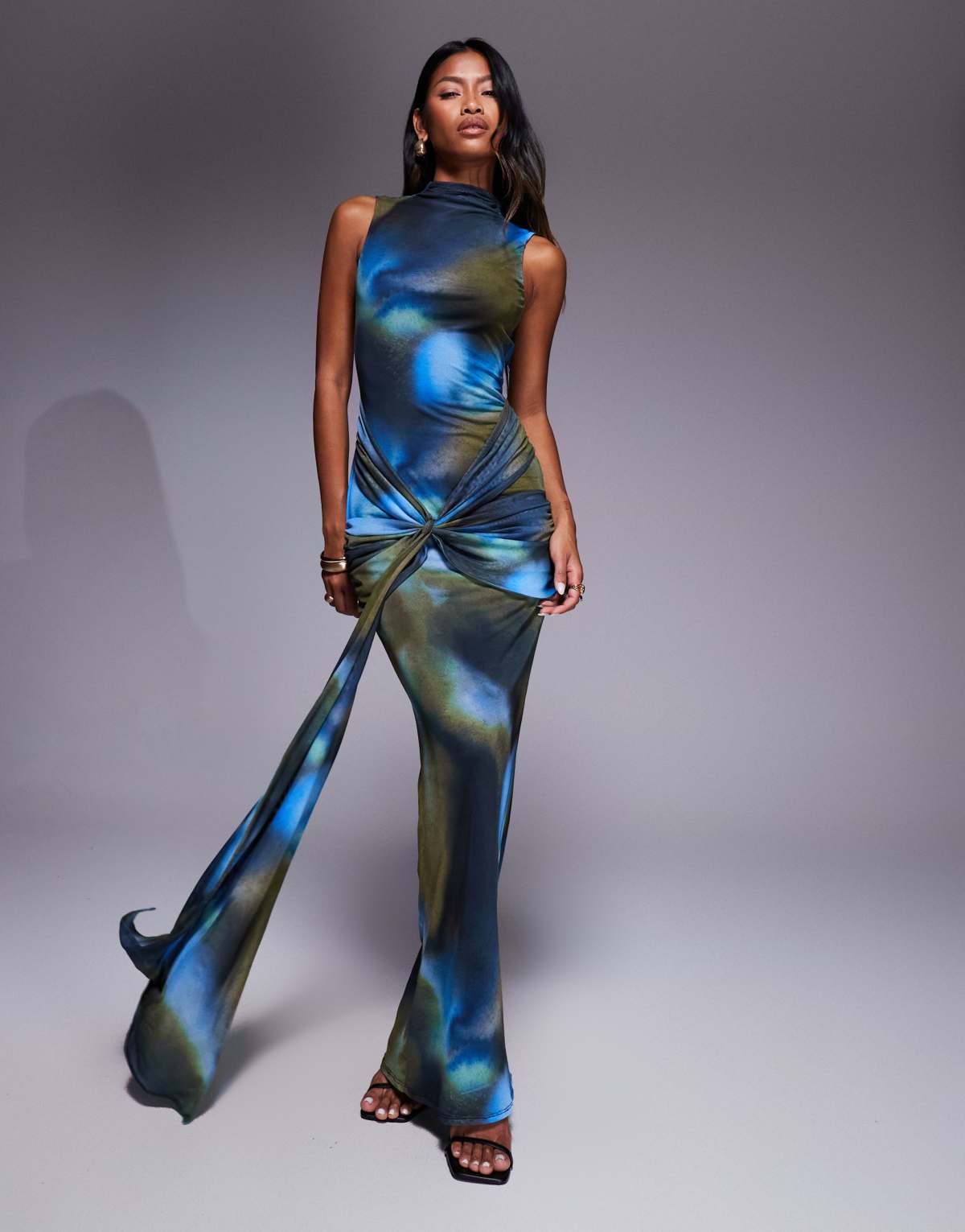 ASOS DESIGN printed mesh high neck draped maxi dress with sash in blurred print
