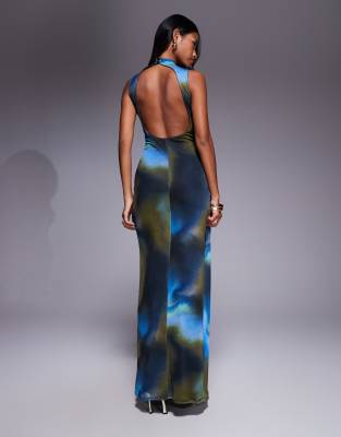 Asos Design Printed Mesh High Neck Draped Maxi Dress With Sash
