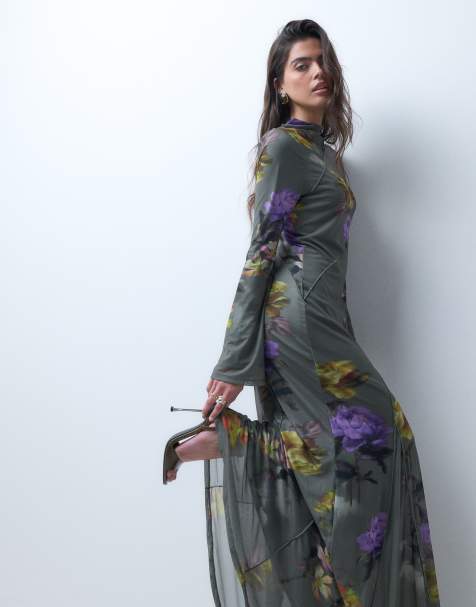 ASOS DESIGN printed mesh high neck godet maxi dress in purple floral