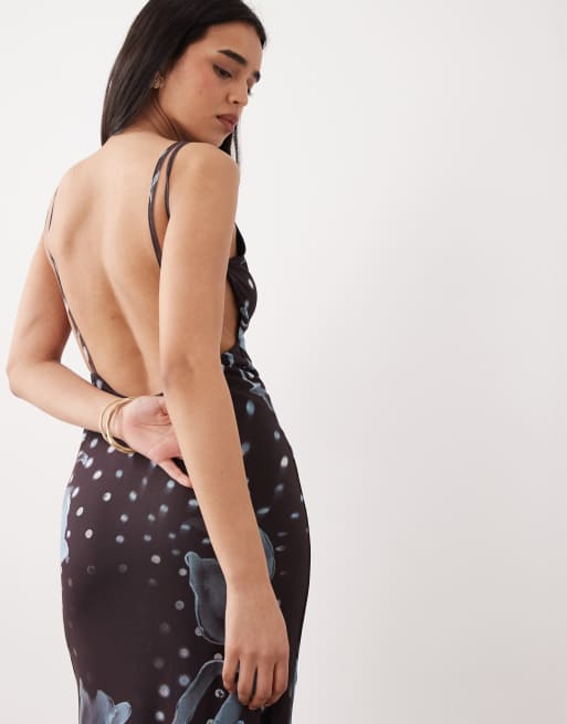 ASOS DESIGN printed mesh high neck maxi dress with open back and double strap detail in brown and blue floral, 2 of 4