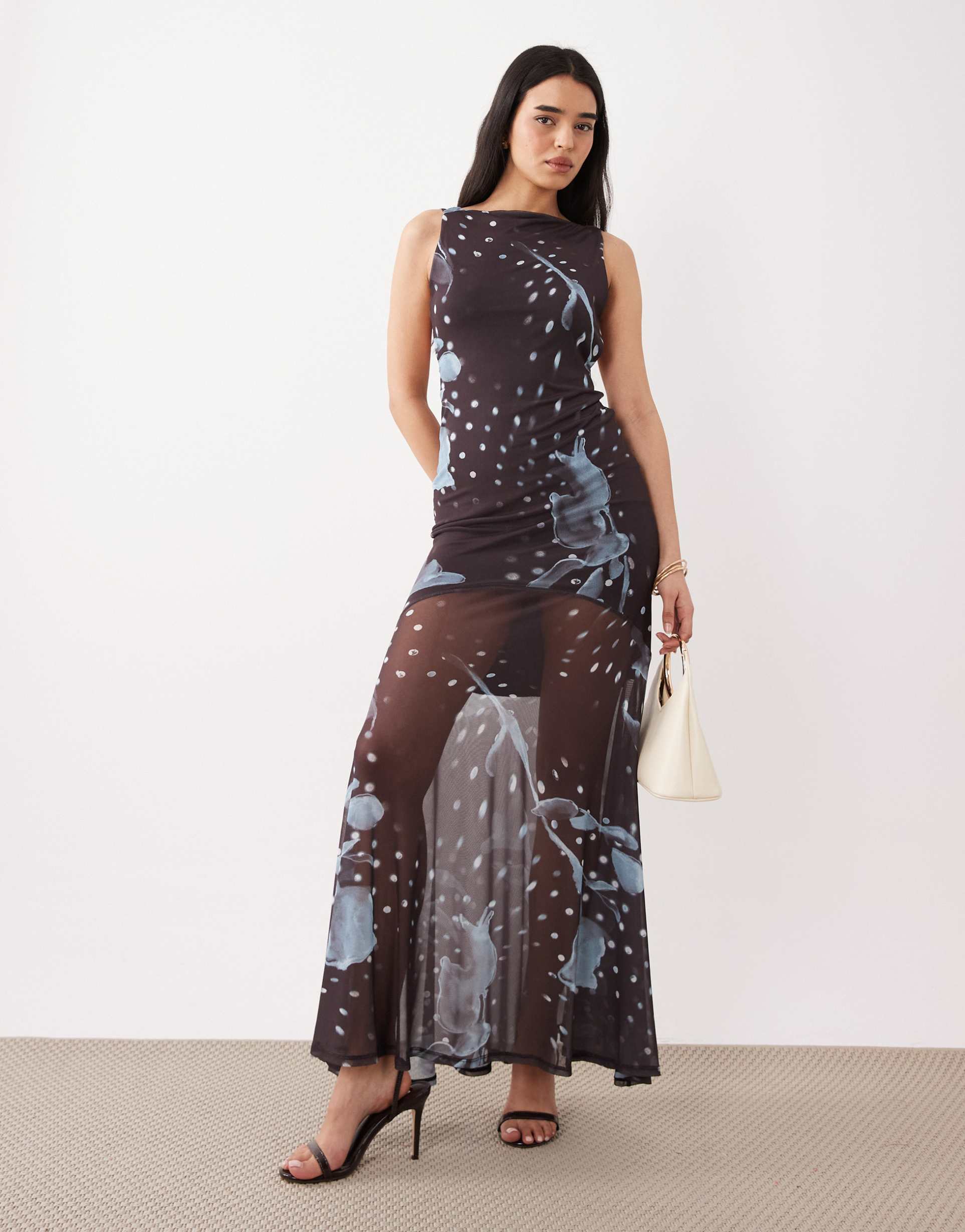 asos design printed mesh high neck maxi dress with open back and double strap detailing in brown and blue floral