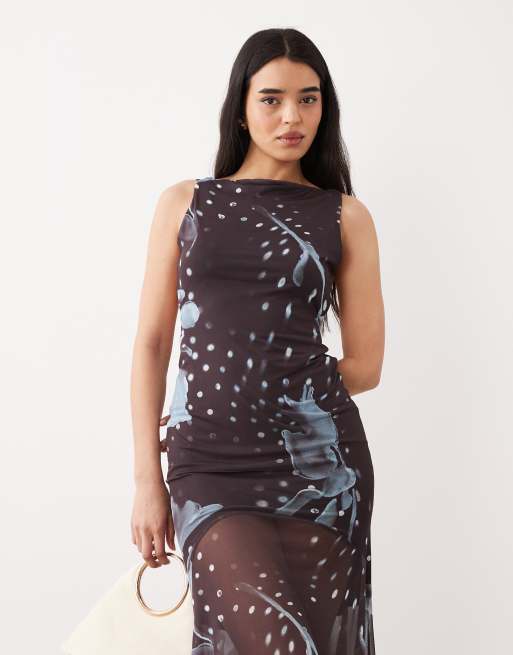 ASOS DESIGN printed mesh high neck maxi dress with open back and double strap detailing in brown and blue floral, 4 of 4