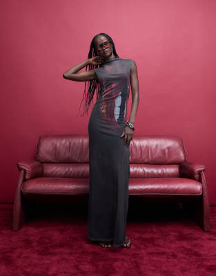 Asos Design Printed Mesh High Neck Mesh Maxi Dress With Lip Print In Gray