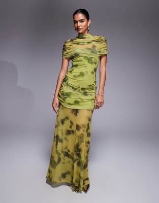 Asos Design Printed Mesh High Neck Overlay Maxi Dress With Sheer Shirt In Multi