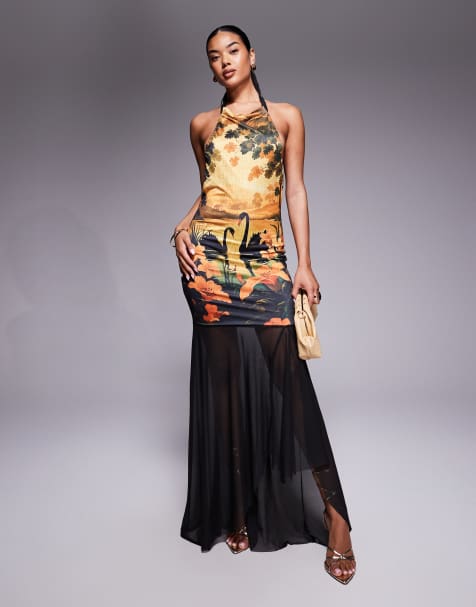 ASOS DESIGN printed mesh highneck halter maxi dress with sheer skirt in swan print - view 1