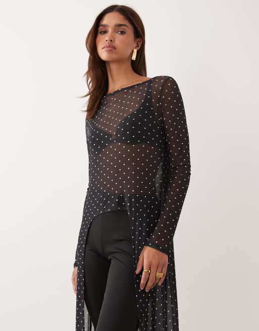 ASOS DESIGN printed mesh long line cape top in polka dot print, 2 of 4