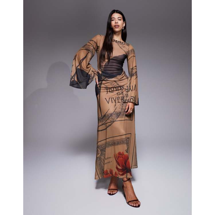 mesh maxi dress asos ASOS DESIGN mesh long sleeve maxi dress with exposed seam detailing in navy