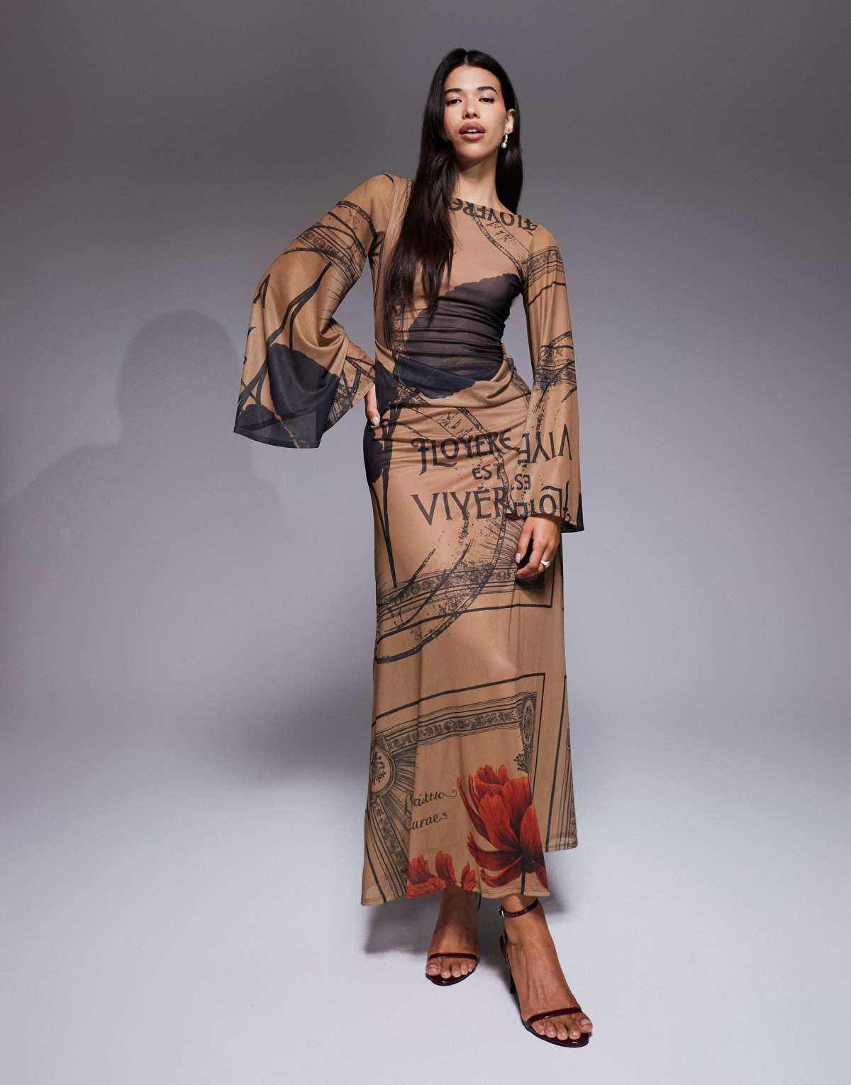 ASOS DESIGN printed mesh long sleeve draped back maxi dress in floral
