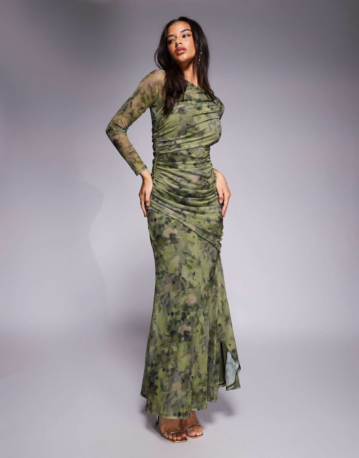 ASOS DESIGN printed mesh long sleeve maxi dress with asymmetric ruching in abstract floral print