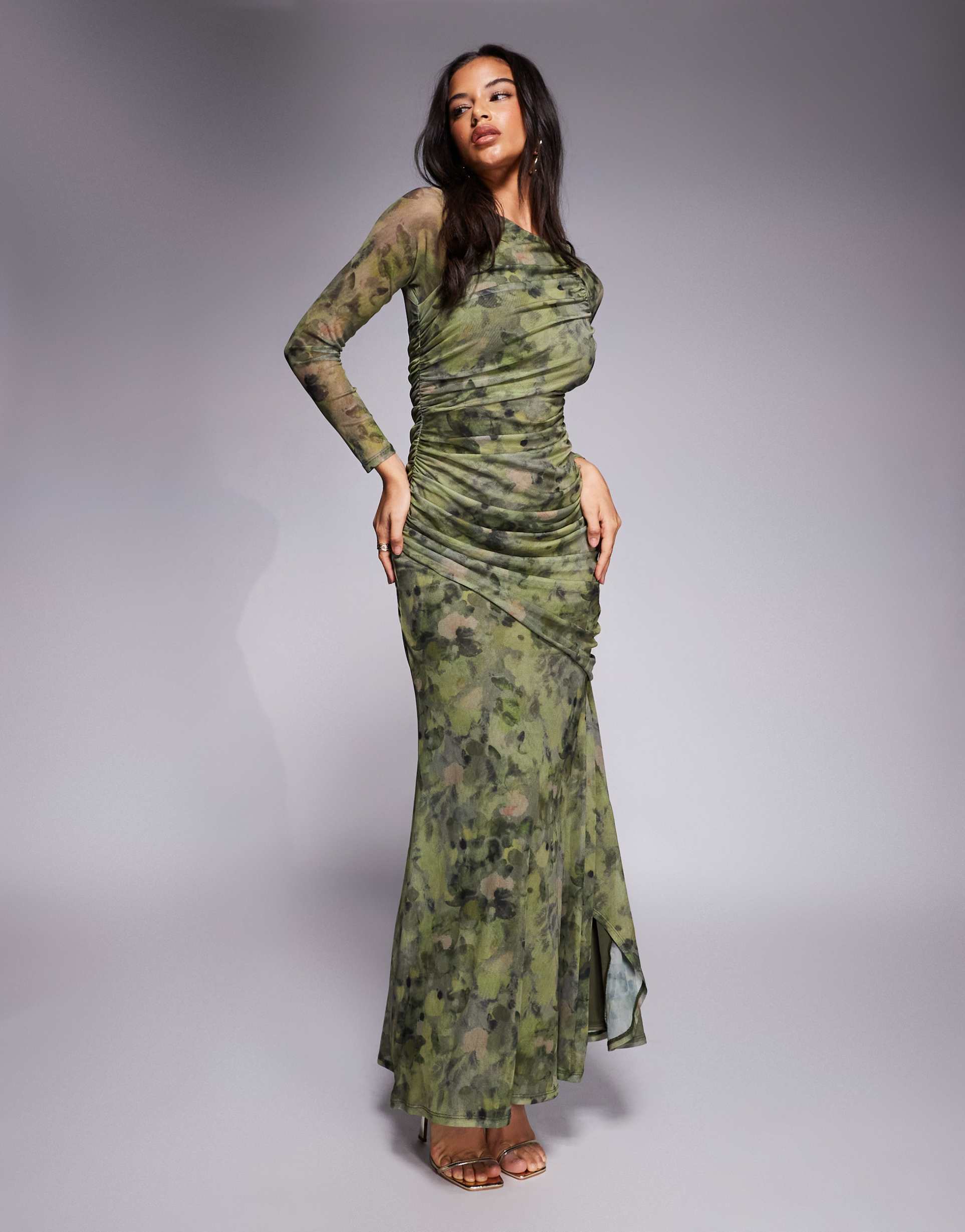 asos design printed mesh long sleeve maxi dress with asymmetric ruching in abstract floral print
